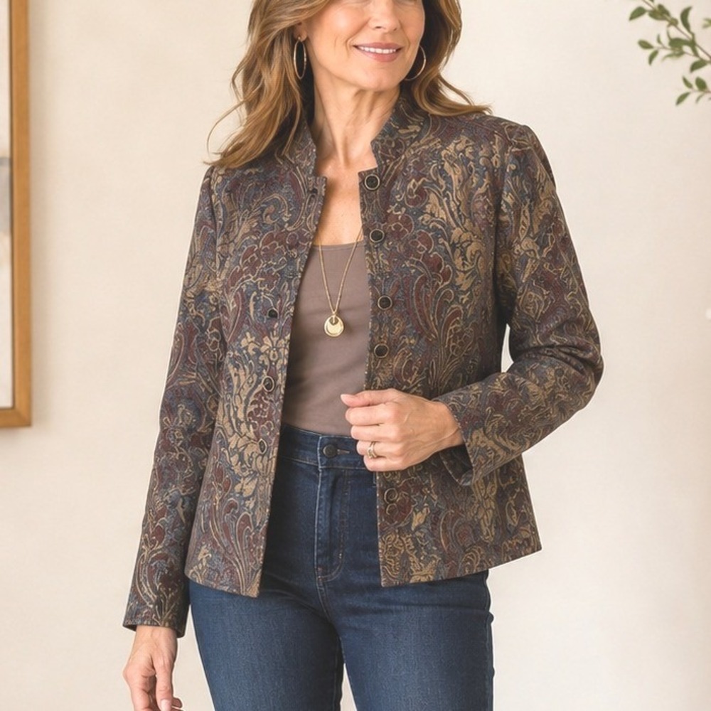 Coldwater Creek Vintage Blue Bronze Tapestry Jacquard Blazer Jacket‎ Lined